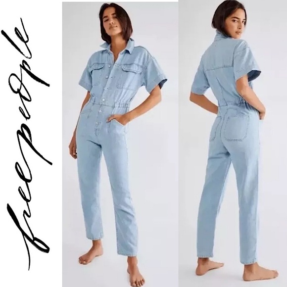 We The Free People Marci Denim Jean Jumpsuit in Clear Skies M Light Wash Utility - Picture 2 of 16